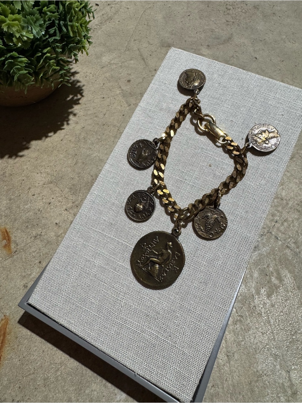Vintage Ancient Coin Pendant Charm Bracelet Chunky chain Brass Gold Toned Jangle